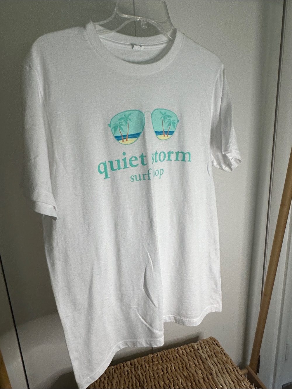 Quiet Storm women’s  White Graphic Tee with Turquoise Sunglass Print